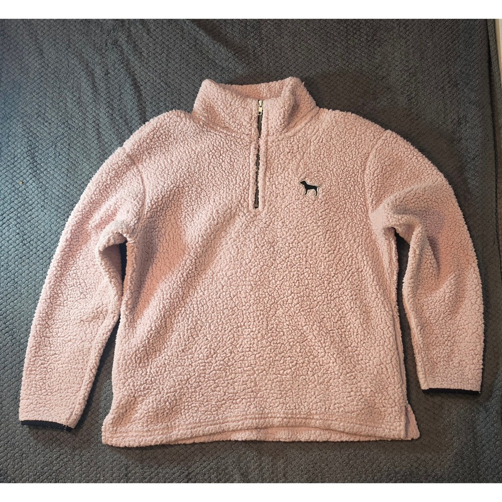 Victoria's Secret PINK Sherpa Fleece Quarter Zip Pullover Pink Dog Logo Small